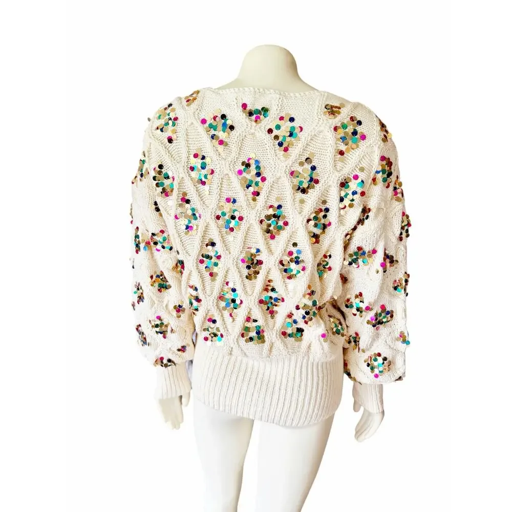 Anthropologie Lara Sequined Sweater Cream Multicolor Party New Years NWT Small